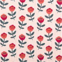 Musselin aus Baumwolle mit rosa Hintergrund, bedruckt mit stilisierten roten Blüten und grünen Blättern