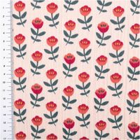 Musselinstoff mit rosa Blütenmuster, Baumwolle mit roten Blüten und dunkelgrünen Blättern, Maßband am Rand