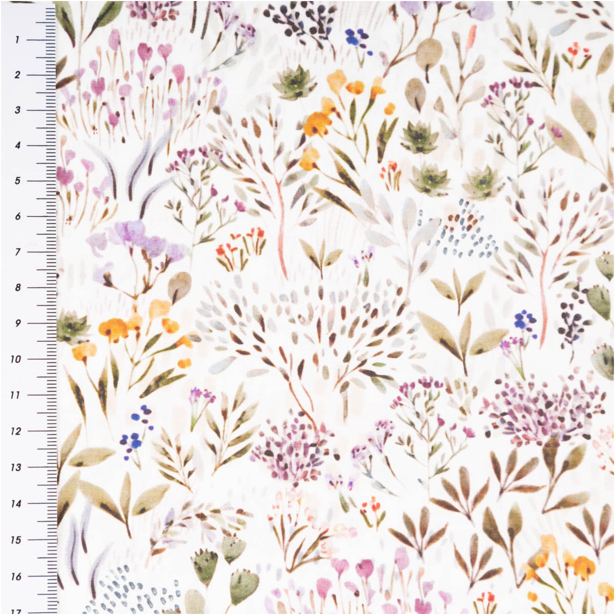 Baumwollstoff Popeline Digitaldruck Poacees Wildblumen Gräser flieder grün 1,50m Breite Popeline aus Baumwolle mit zartem Wildblumenmuster und Gräsern in Flieder und Grün, Stoffprobe mit Zentimeterraster