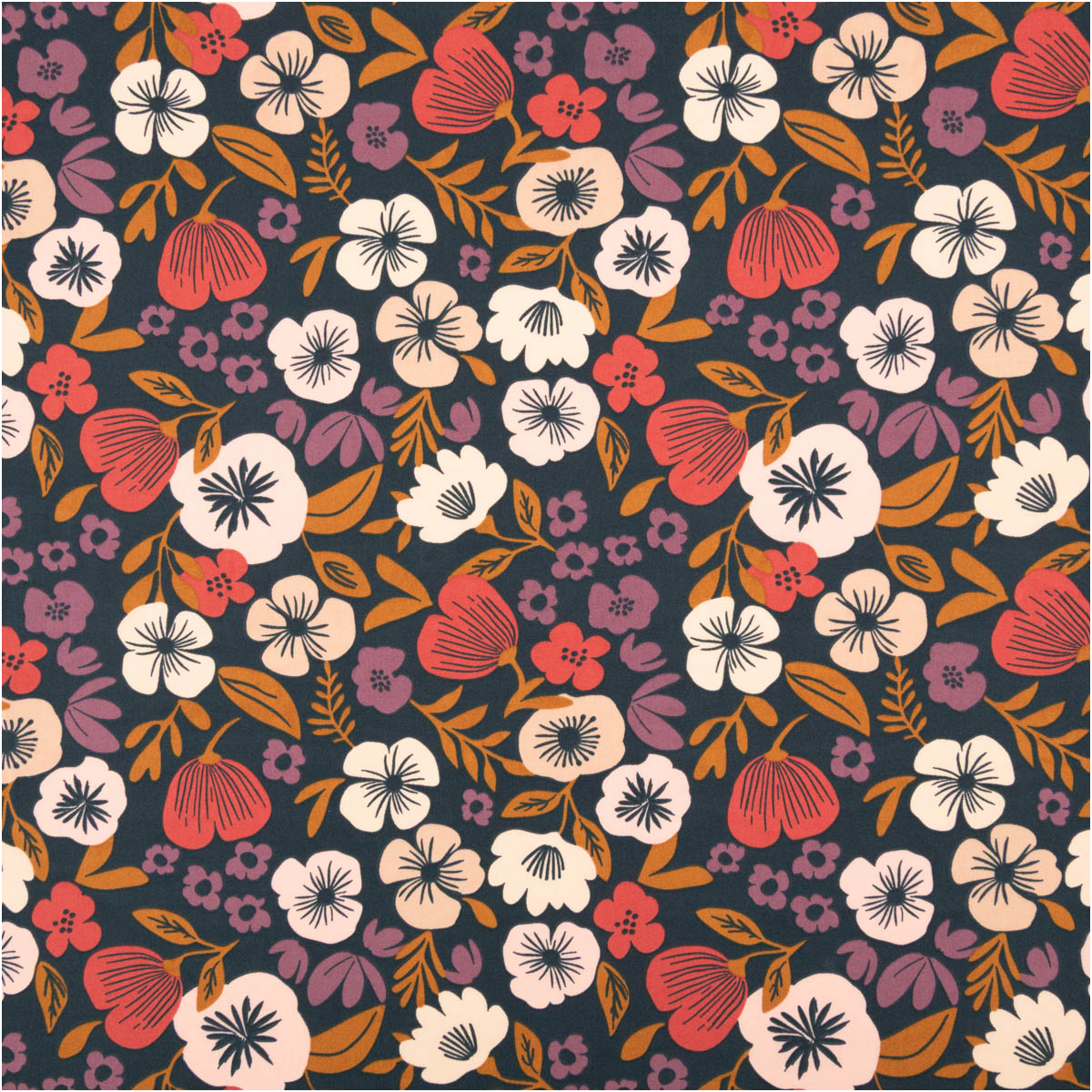 Baumwollstoff Popeline Palawa Blumen marineblau rosé 1,50m Breite Baumwollstoff mit buntem Blumenmuster auf marineblauem Hintergrund, Musteransicht aus der Nähe