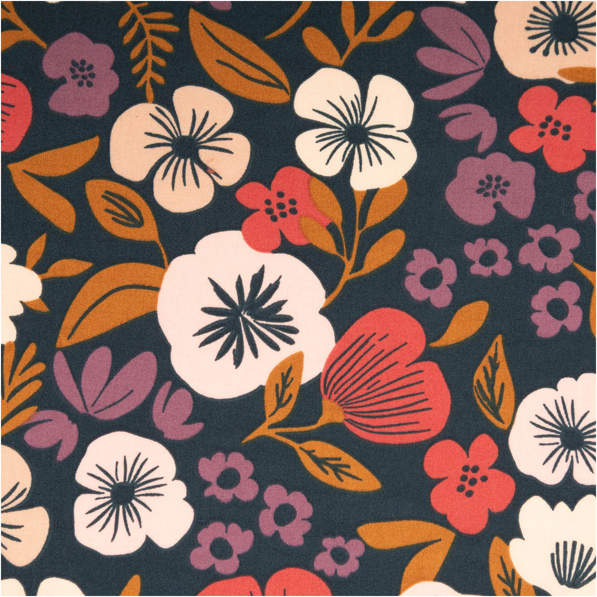 Baumwollstoff Popeline Palawa Blumen marineblau rosé 1,50m Breite Popeline aus Baumwolle mit rosé und roten Blumen sowie Blättern auf dunkelblauem Grund, Musterausschnitt