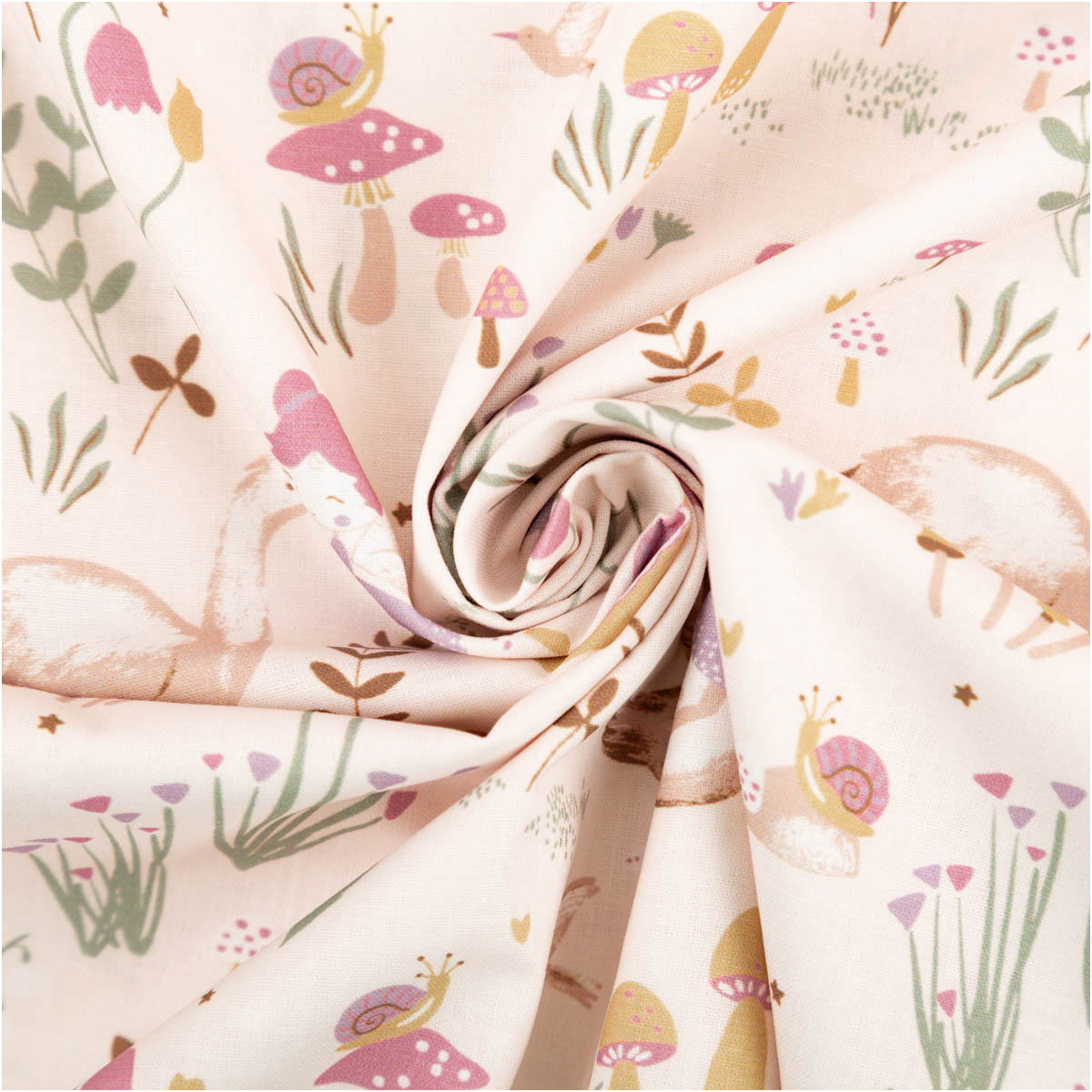 Cord Stoff Feincord Dima Blumensträuße dunkelblau rosé 1,45m Breite Feincord Stoff in Hellrosa mit Blumen, Pilzen und Schnecken, zur Spirale gewickelt, zartes Motiv