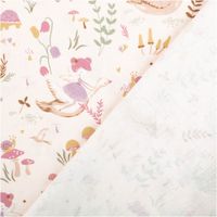 Feincord in Hellrosa mit Märchenmotiv, Elfe auf Gans, Blüten und Pilze, Stoff beidseitig sichtbar