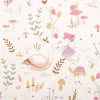 Feincord Stoff mit Märchenmotiven in Rosa und Grün, Fee, Gans, Schildkröte und Blumen, Muster in Nahansicht