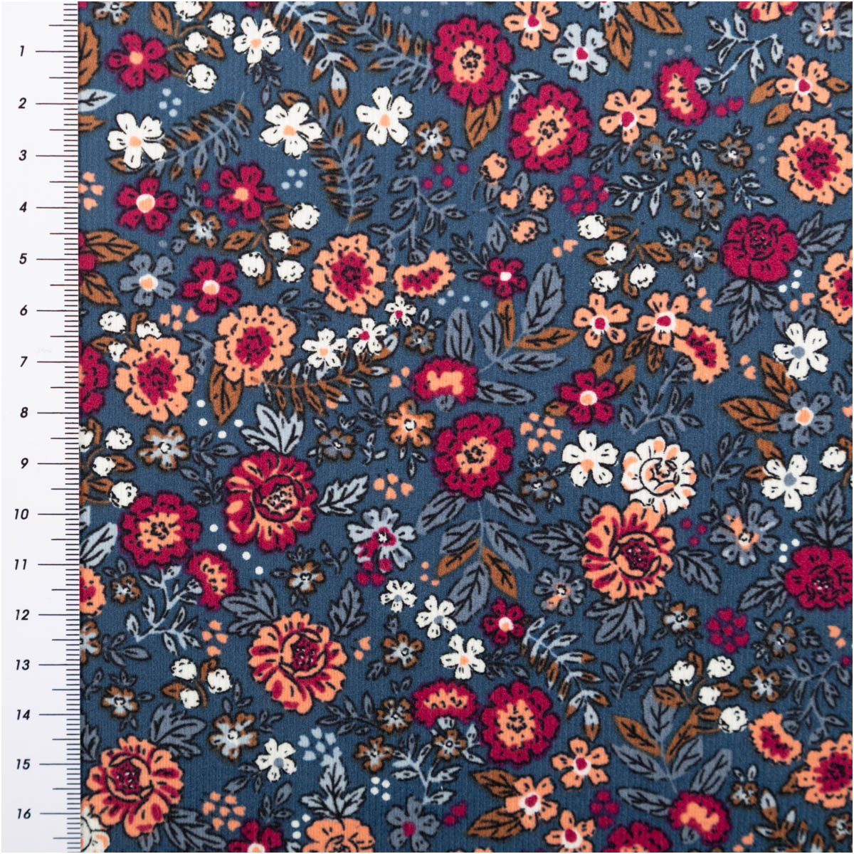 Cord Stoff Feincord Barjay Streublumen petrol rosa 1,45m Breite Feincord Stoff mit kleinen rosa und petrolfarbenen Blüten, Maßband am Rand, Stoffmuster klar erkennbar