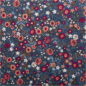 Cord Stoff Feincord Barjay Streublumen petrol rosa 1,45m Breite Nahaufnahme von Feincord mit Streublumenmuster in Rosa, Gelb und Braun auf petrolblauem Hintergrund