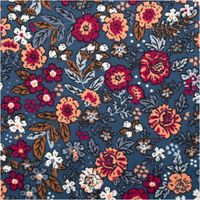 blumiger Feincordstoff in Petrol mit rosa und braunen Blüten, Muster dicht verteilt, Material flach gezeigt