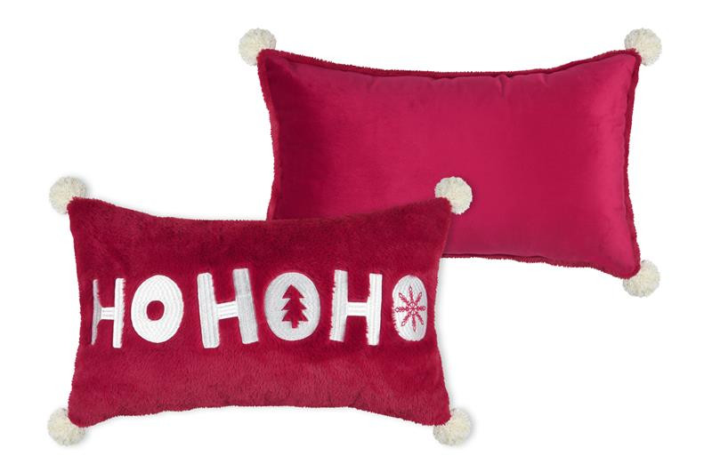 Weihnachtskissen HOHOHO rot 30x50 cm – Vorder- und Rückseite mit Pompons