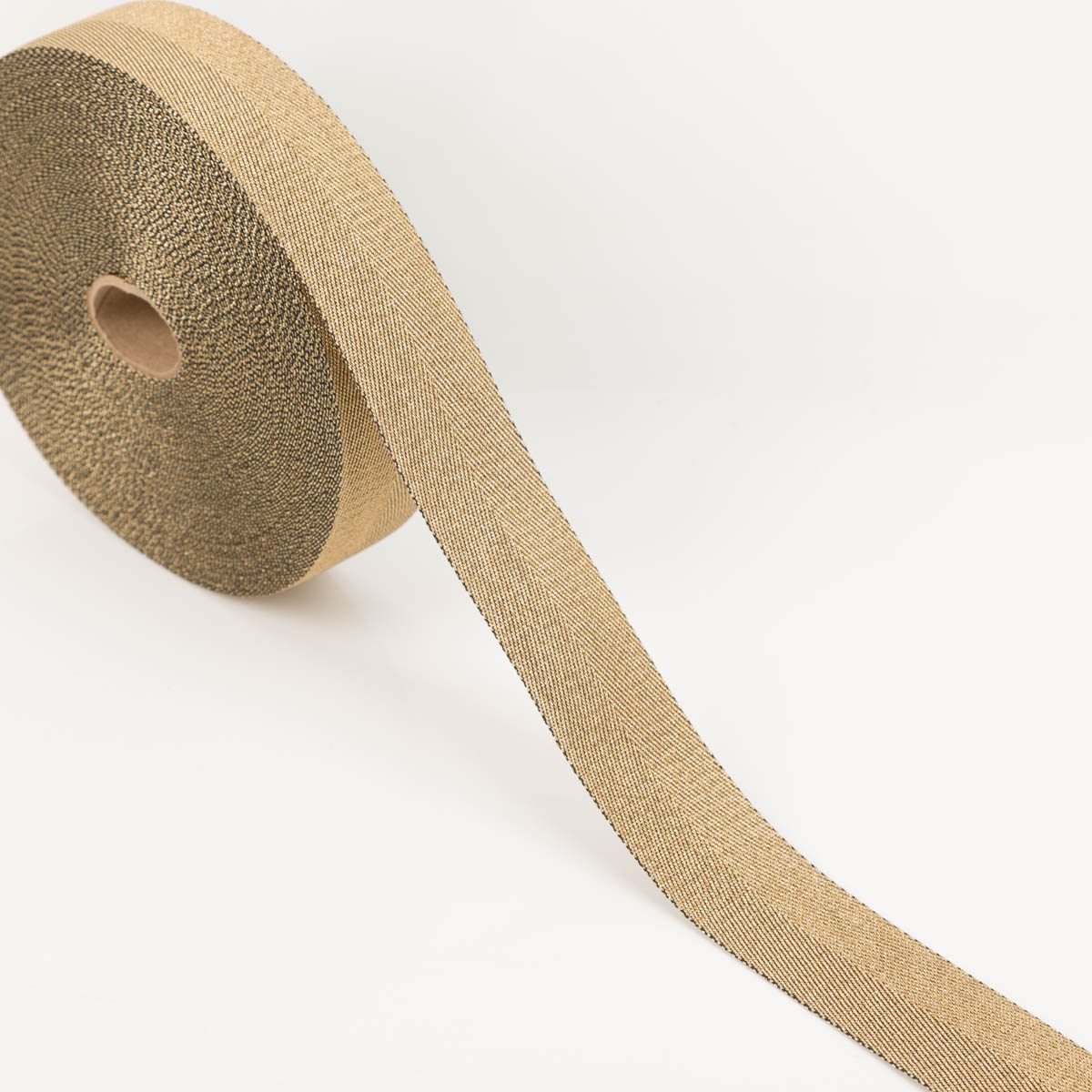 Gurtband metallic Lurex gold schwarz 4cm auf der Rolle, abgewickeltes Band mit metallischem Glanz
