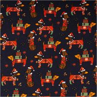 Sweat Stoff angeraut Holly Weihnachten Dackel mit Geschenken navy rot von Swafing 1,50m Breite Sweat Stoff mit Dackel-Motiv, Weihnachtsgeschenke und Mützen auf navy Hintergrund, Nahaufnahme
