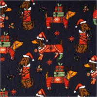 Sweat Stoff angeraut Holly Weihnachten Dackel mit Geschenken navy rot von Swafing 1,50m Breite Sweatstoff mit Dackeln, Weihnachtsmützen und Geschenken auf dunkelblauem Hintergrund, festliches Motiv