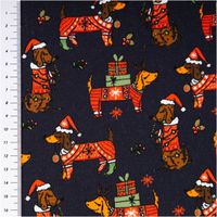 Sweat Stoff angeraut Holly Weihnachten Dackel mit Geschenken navy rot von Swafing 1,50m Breite Sweatstoff navy mit Dackel in Weihnachtsoutfits, Geschenke und Stechpalmen, Streifenmaß links im Bild
