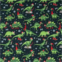 Sweat Stoff angeraut Holly Weihnachten Dinos tannengrün grün rot von Swafing 1,50m Breite Sweatstoff mit grünen Dinosauriern und Weihnachtsmotiven auf tannengrünem Hintergrund