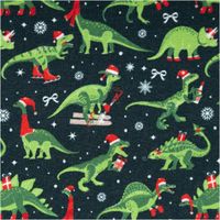Sweat Stoff angeraut Holly Weihnachten Dinos tannengrün grün rot von Swafing 1,50m Breite Sweatstoff mit grünen Dinos und Weihnachtsaccessoires auf dunkelgrünem Hintergrund, Schneeflocken und Geschenke als Muster
