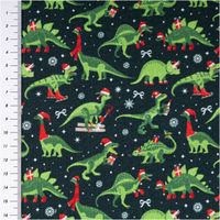 Sweat Stoff angeraut Holly Weihnachten Dinos tannengrün grün rot von Swafing 1,50m Breite Sweatstoff mit winterlichen Dinosaurier-Motiven in grün und rot auf tannengrünem Hintergrund, Lineal links im Bild