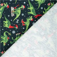 Sweat Stoff angeraut Holly Weihnachten Dinos tannengrün grün rot von Swafing 1,50m Breite Sweatstoff in tannengrün mit weihnachtlichen Dinosaurier-Motiven, Vorder- und Rückseite des Stoffs sichtbar