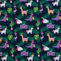 Sweat Stoff angeraut Holly Weihnachten Dino Einhorn Flamingo Radio navy bunt von Swafing 1,50m Breite Angerauter Sweat Holly von Swafing mit Dinos, Einhörnern, Flamingos und Ghettoblastern auf navyblauem Grund