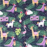 Sweat Stoff angeraut Holly Weihnachten Dino Einhorn Flamingo Radio navy bunt von Swafing 1,50m Breite bunter Sweatstoff mit Dino, Einhorn, Flamingo und Radio auf dunkelblau mit Tannenzweigen, Nahaufnahme