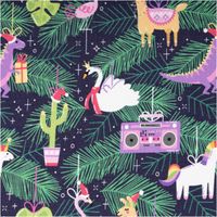 Sweat Stoff angeraut Holly Weihnachten Dino Einhorn Flamingo Radio navy bunt von Swafing 1,50m Breite Sweatstoff mit Flamingo, Lama, Dinosaurier und Tannenzweigen auf dunkelblau, Motivstoffe für Weihnachten