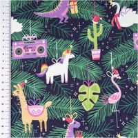 Sweat Stoff angeraut Holly Weihnachten Dino Einhorn Flamingo Radio navy bunt von Swafing 1,50m Breite Sweatstoff in Dunkelblau mit Dino, Einhorn, Flamingo und Radio, Maßband am Rand, weihnachtliches Motiv