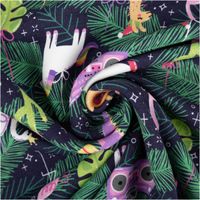 Sweat Stoff angeraut Holly Weihnachten Dino Einhorn Flamingo Radio navy bunt von Swafing 1,50m Breite dunkelblauer Sweatstoff mit Weihnachtsmotiven und bunten Figuren, Motiv als Spirale gelegt