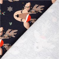 Sweat Stoff angeraut Holly Weihnachten Rentiere Lichterkette dunkelblau beige von Swafing 1,50m Breite Sweatstoff mit Rentieren und bunter Lichterkette auf dunkelblau, Ecke nach oben umgeschlagen zeigt die Rückseite