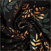 Sweat Stoff angeraut Holly Weihnachten Zweige schwarz gold petrol von Swafing 1,50m Breite Sweatstoff mit botanischen Zweigen in Gold und Petrol, zur Spirale gelegt, schwarzer Hintergrund