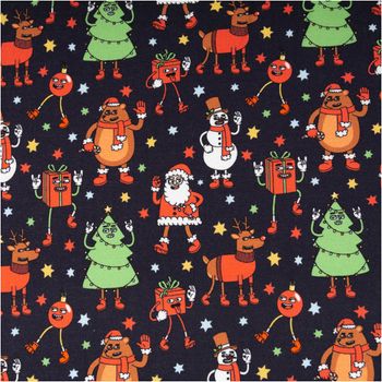 Sweat Stoff angeraut Holly Weihnachten Weihnachtsmann Weihnachtsbaum navy bunt von Swafing 1,50m Breite Nahaufnahme von Sweat Stoff mit buntem Weihnachtsmotiv, Motiv Weihnachtsmann, Baum, Sternen auf navy Hintergrund