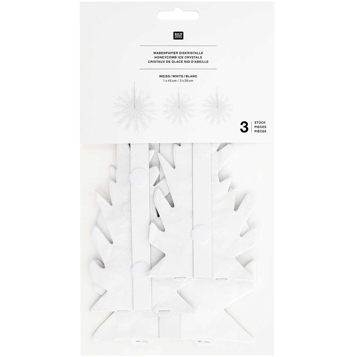 Wabenpapiersterne Eiskristall weiß 3 Stück von Rico Design – weitere Ansicht Wabenpapiersterne Eiskristall weiß 3 Stück von Rico Design – weitere Ansicht