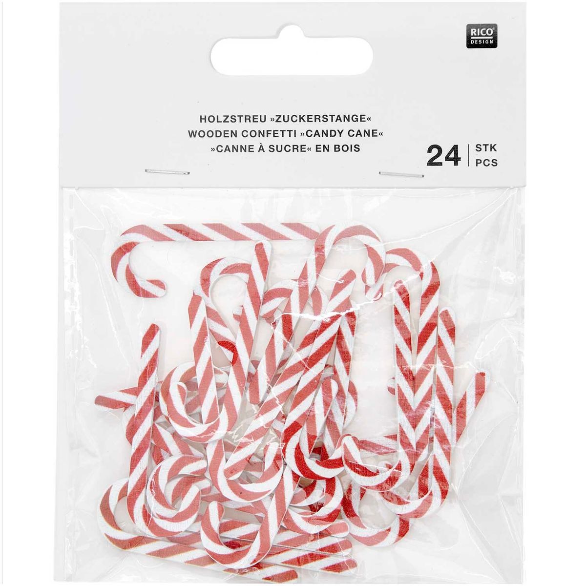Holzstreu Zuckerstangen rot weiß von Rico Design – Verpackung Holzstreu Zuckerstangen rot weiß von Rico Design – Verpackung mit 24 Stück Streuteilen aus Holz