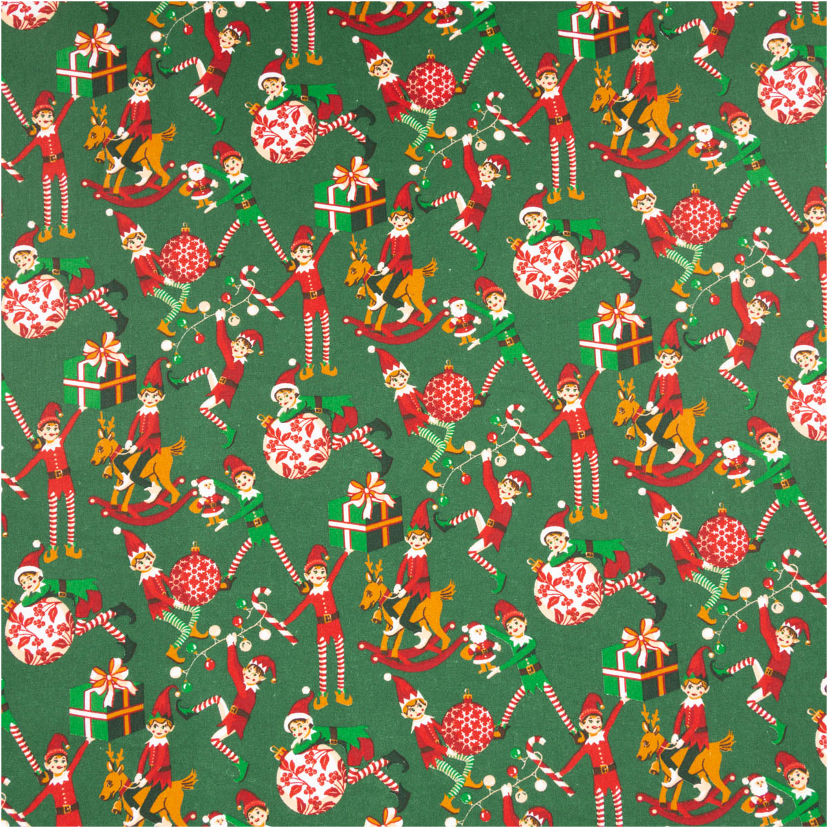 Baumwollstoff mit grünen Hintergrund, Weihnachts-Elfen, Geschenken und festlichen Motiven als Nahaufnahme