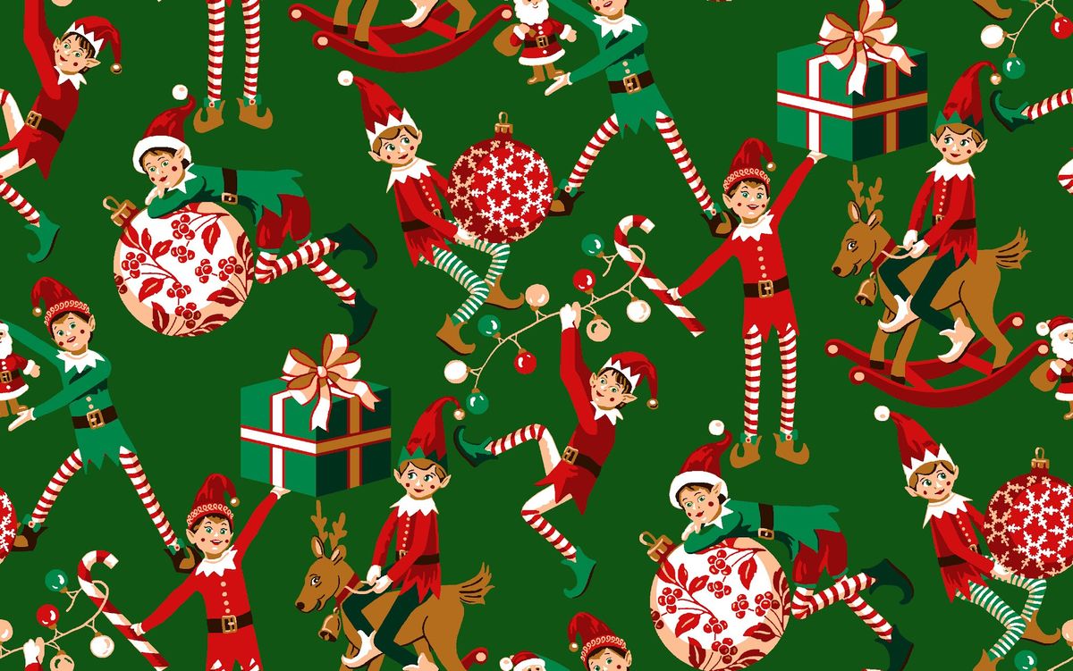 Baumwollstoff Perkal mit Weihnachtselfen, Geschenken und Zuckerstangen auf grünem Grund, Stoffmuster in der Draufsicht