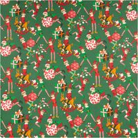 Baumwollstoff mit grünen Hintergrund, Weihnachts-Elfen, Geschenken und festlichen Motiven als Nahaufnahme