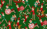 Baumwollstoff Perkal mit Weihnachtselfen, Geschenken und Zuckerstangen auf grünem Grund, Stoffmuster in der Draufsicht