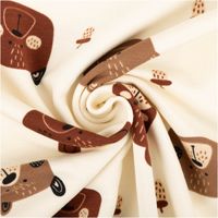 French Terry Stoff Bären Digitaldruck wollweiß braun 1,50m Breite French Terry Stoff mit braunen Bärenköpfen und kleinen Motiven spiralförmig gedreht auf wollweißem Grund