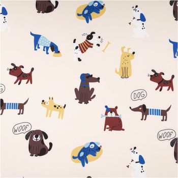 Softshell Stoff mit Fleece-Innenseite Digitaldruck Hunde wollweiß braun 1,45m Breite Softshell Stoff cremefarben mit bunten Hunden und Comic-Motiven in Nahaufnahme