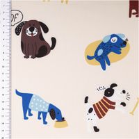 Softshell Stoff mit Fleece-Innenseite Digitaldruck Hunde wollweiß braun 1,45m Breite Softshell Stoff in Wollweiß mit bunten Hunde-Motiven und Maßband, Illustration in Nahaufnahme