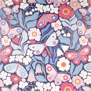 Regenjackenstoff Aqua Protect wasserdicht soft Schmetterlinge Blumen marineblau rosa 145cm Breite Regenjackenstoff mit Schmetterlingen und Blumen in Rosa, Blau und Marineblau als Nahaufnahme