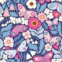 Regenjackenstoff Aqua Protect wasserdicht mit rosa Schmetterlingen und Blumen auf Marineblau Regenjackenstoff Aqua Protect wasserdicht mit rosa Schmetterlingen und Blumen auf Marineblau