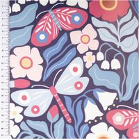 Regenjackenstoff Aqua Protect wasserdicht soft Schmetterlinge Blumen marineblau rosa 145cm Breite Regenjackenstoff mit buntem Blumen- und Schmetterlingsmuster in Marineblau und Rosa als Nahaufnahme mit Maßband