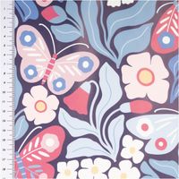 Regenjackenstoff Aqua Protect wasserdicht soft Schmetterlinge Blumen marineblau rosa 145cm Breite wasserabweisender Stoff mit bunten Schmetterlingen und Blüten auf marineblauem Hintergrund, links Maßband