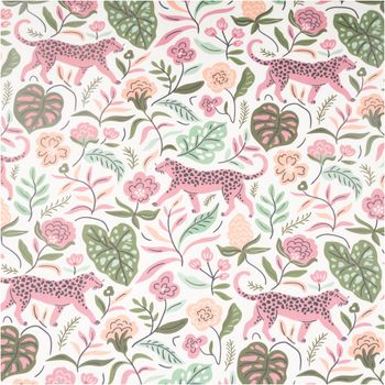 Regenjackenstoff Aqua Protect wasserdicht soft Leoparden Blumen wollweiß rosa grün 145cm Breite Nahaufnahme von Stoff mit Leoparden, Blumen und Blättern in rosa, grün und wollweiß