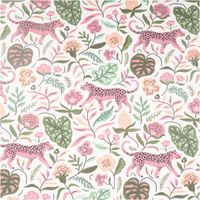 Regenjackenstoff Aqua Protect wasserdicht soft Leoparden Blumen wollweiß rosa grün 145cm Breite Nahaufnahme von Stoff mit Leoparden, Blumen und Blättern in rosa, grün und wollweiß
