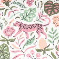 Regenjackenstoff Aqua Protect wasserdicht soft Leoparden Blumen wollweiß rosa grün 145cm Breite bunter Regenjackenstoff mit rosa Leopard, grünen Blättern und floralen Mustern auf wollweißem Hintergrund