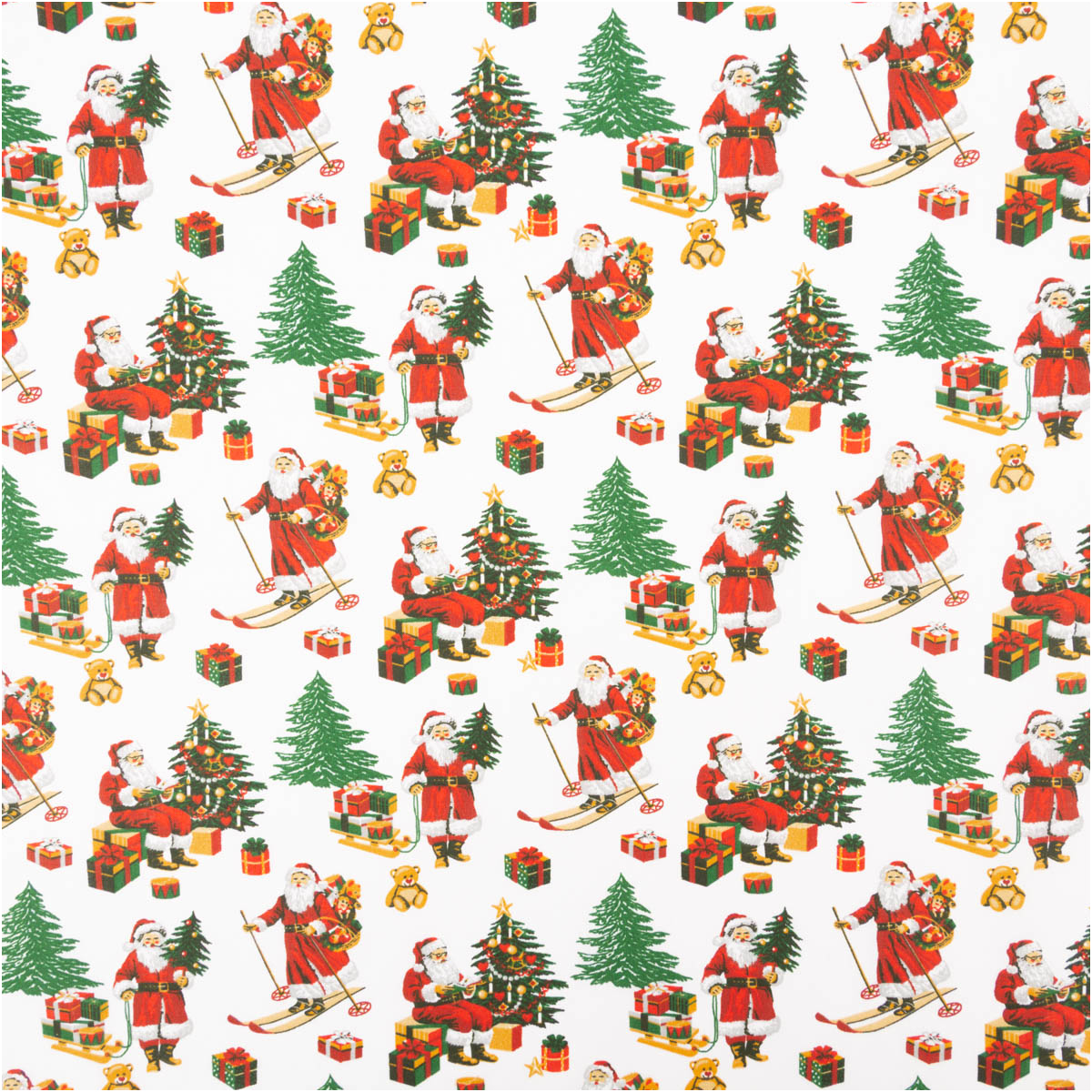 Baumwollstoff Perkal Weihnachtsmann Hohoho weiß rot grün 1,5m Breite Baumwollstoff mit Weihnachtsmann, Geschenken und Tannenbäumen auf weißem Hintergrund in Nahaufnahme