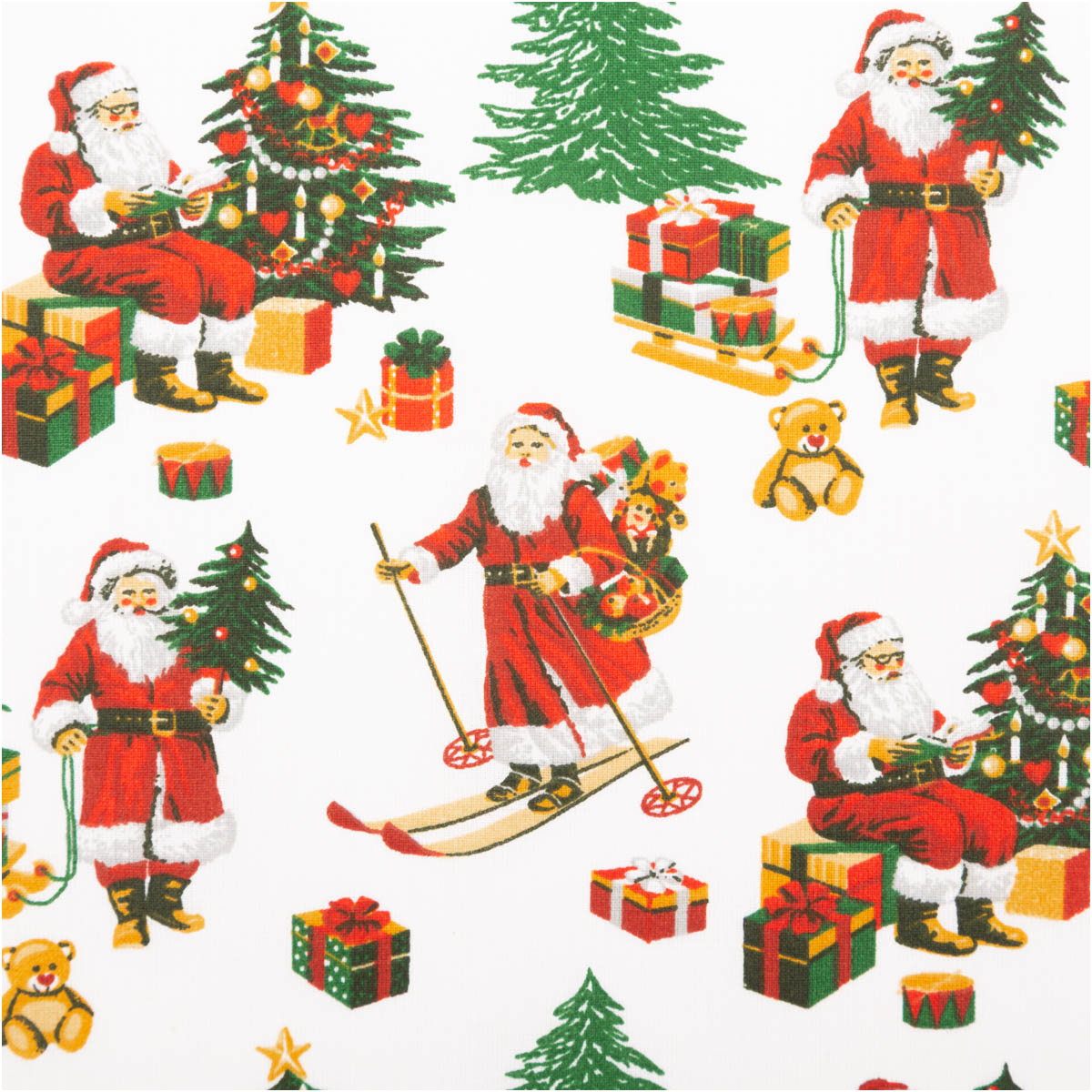 Baumwollstoff Perkal Weihnachtsmann Hohoho weiß rot grün 1,5m Breite Perkal Baumwollstoff mit Weihnachtsmann, Weihnachtsbäumen und Geschenken auf weißem Hintergrund