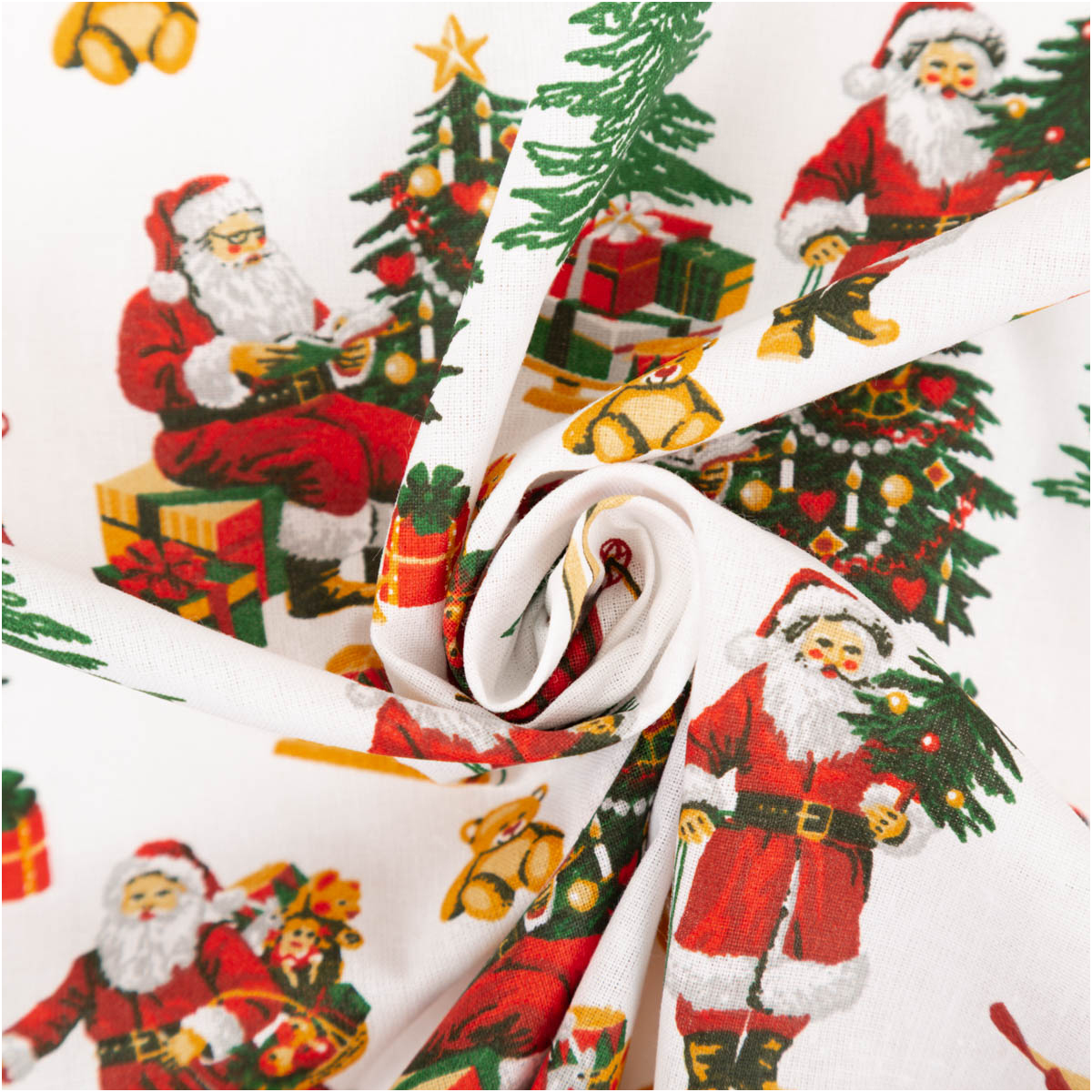 Baumwollstoff Perkal Weihnachtsmann Hohoho weiß rot grün 1,5m Breite Baumwollstoff weiß mit Weihnachtsmann, Christbaum und Geschenken zur Spirale gedreht