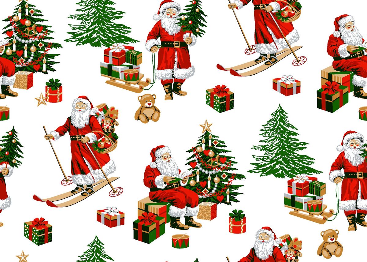 Baumwollstoff Perkal weiß mit nostalgischen Weihnachtsmännern auf Skiern, Tannenbäumen und Geschenken, Draufsicht Baumwollstoff Perkal weiß mit nostalgischen Weihnachtsmännern auf Skiern, Tannenbäumen und Geschenken, Draufsicht