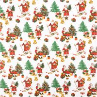 Baumwollstoff Perkal Weihnachtsmann Hohoho weiß rot grün 1,5m Breite Baumwollstoff mit Weihnachtsmann, Geschenken und Tannenbäumen auf weißem Hintergrund in Nahaufnahme