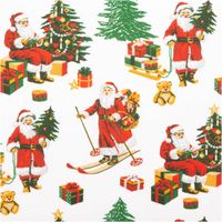 Baumwollstoff Perkal Weihnachtsmann Hohoho weiß rot grün 1,5m Breite Perkal Baumwollstoff mit Weihnachtsmann, Weihnachtsbäumen und Geschenken auf weißem Hintergrund